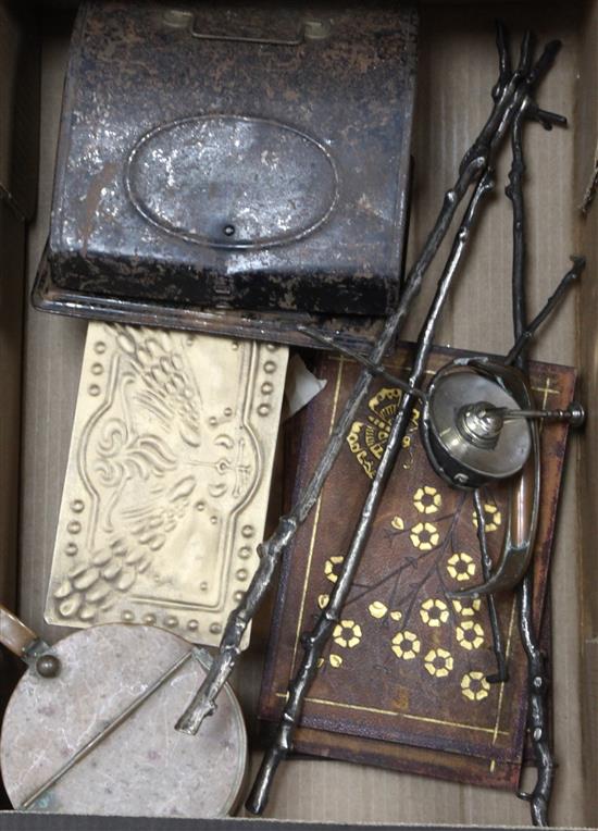 Arts & Crafts metalware, a toy metal typewriter and Aesthetic period leather panels